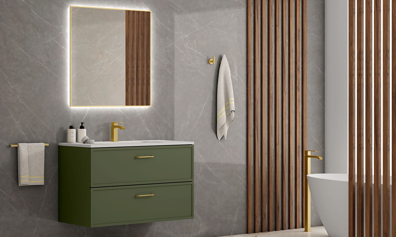 Ambiente baño Galileo Garbianti en verde con accesorios dorados