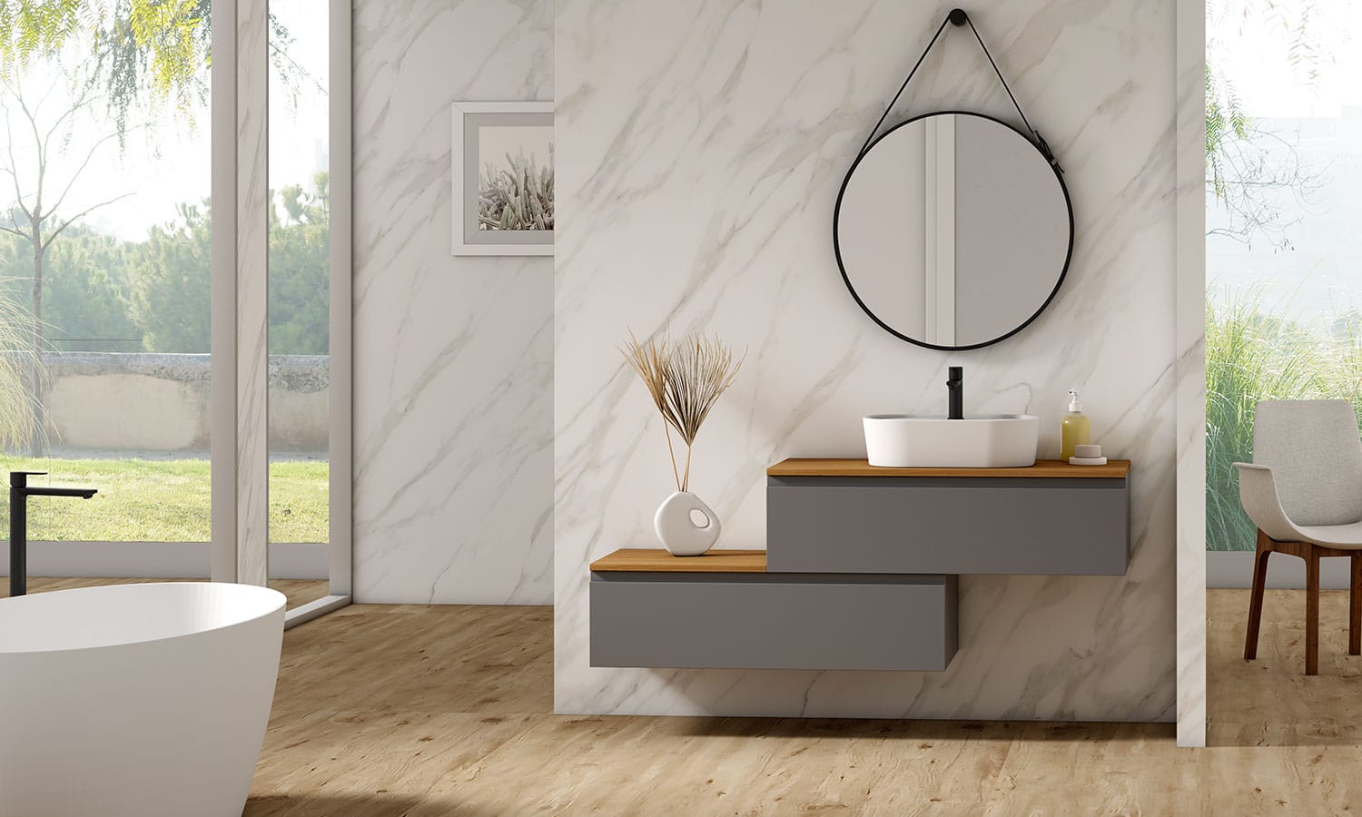 Ambiente baño Vento Garbianti en gris antracita con espejo redondo