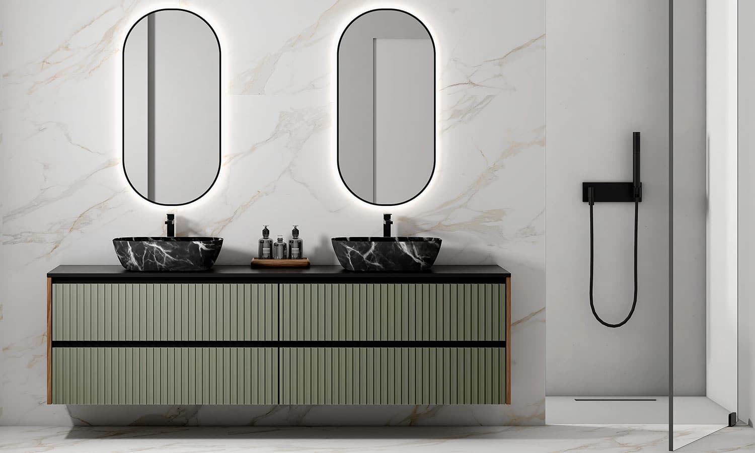 Ambiente baño Country Garbianti en lacado verde con espejos ovalados