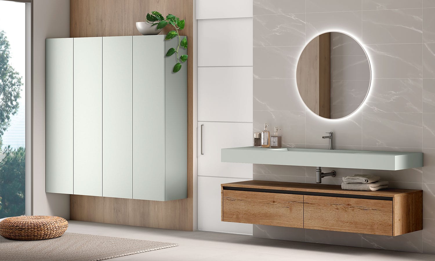 Ambiente baño Iguazú Garbianti con columna y espejo redondo