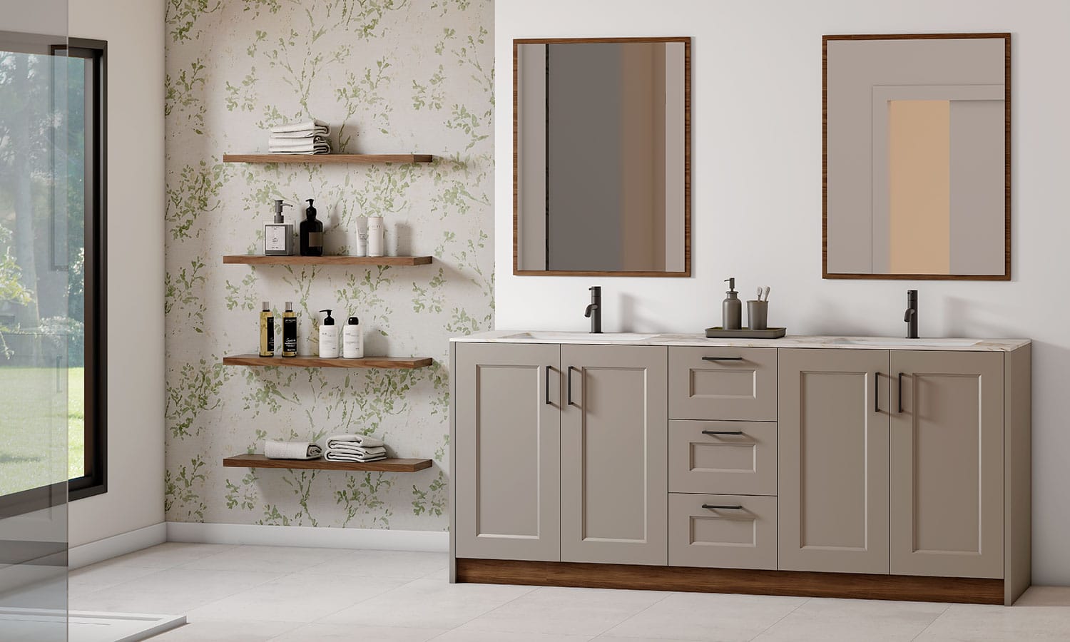 Ambiente baño Nantes Garbianti en tono beige con estantes